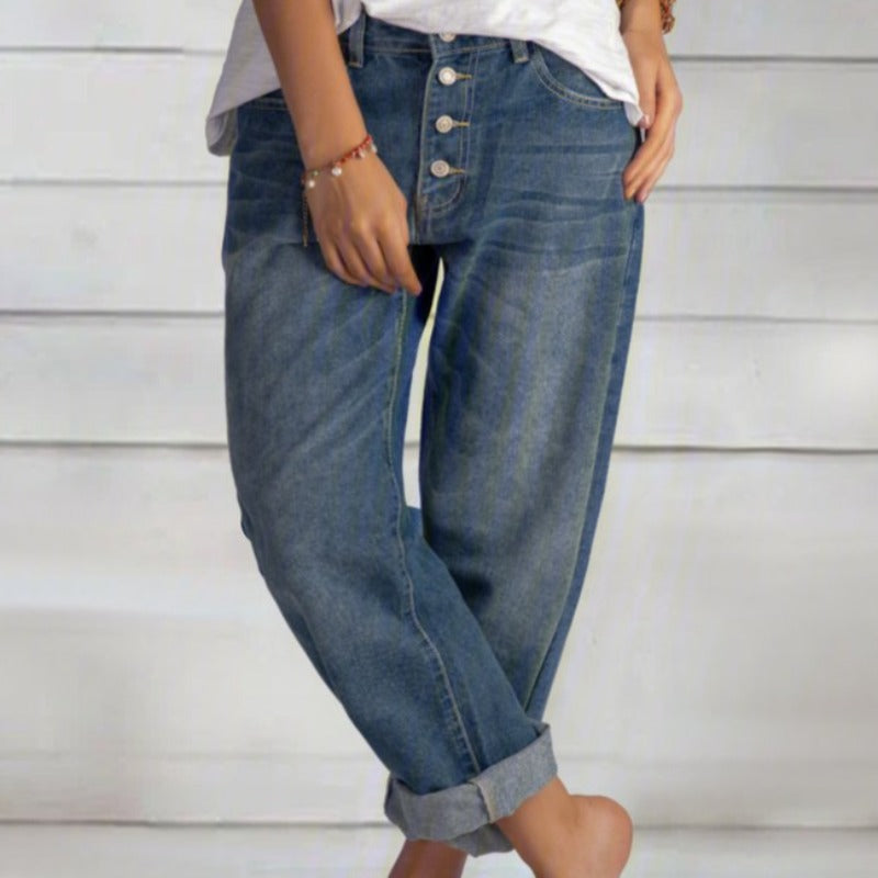 Pantaloni da donna a vestibilità ampia con patta a bottoni | Orlo risvoltato