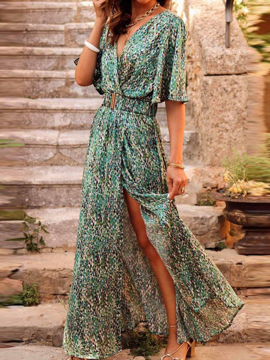 Abito lungo da donna | Vestibilità regolare | Abito a portafoglio floreale con scollo a V | Look estivo da vacanza