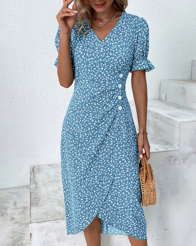 Damen Midikleid | Reguläre Passform | Florales Wickelkleid mit V-Ausschnitt | Sommer Freizeitlook