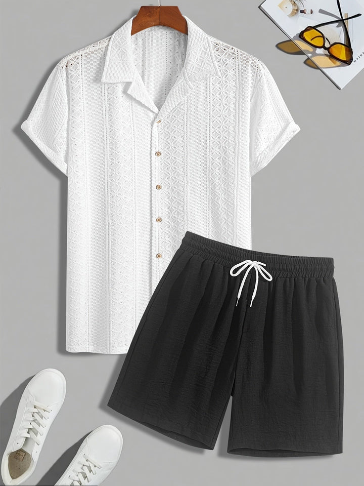 Pánský volnočasový set | Dvoudílný outfit s límečkem košile | Šortky se stahovací šňůrkou | Moderní letní vzhled
