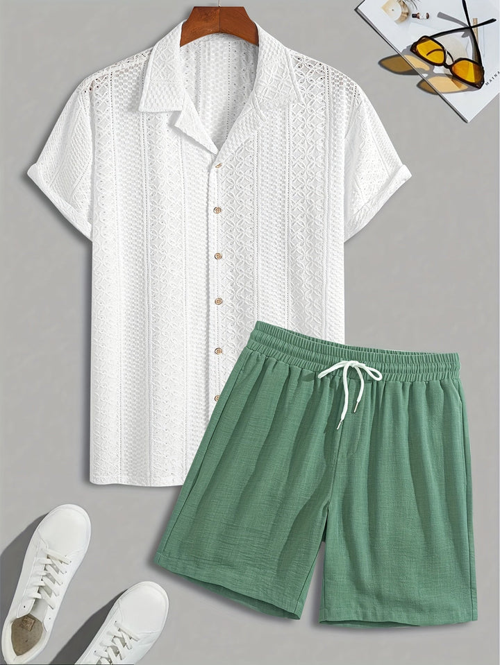 Pánský volnočasový set | Dvoudílný outfit s límečkem košile | Šortky se stahovací šňůrkou | Moderní letní vzhled