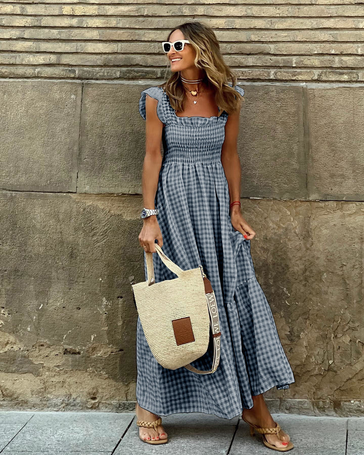 Rochie maxi damă | Croială în formă de A cu partea superioară cu smock | Design fără mâneci | Look casual de vară