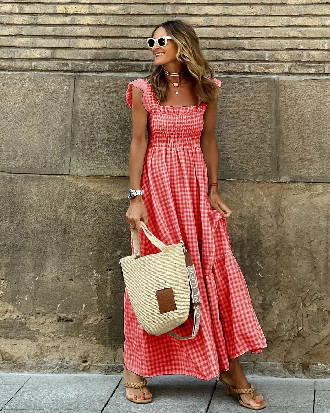 Rochie maxi damă | Croială în formă de A cu partea superioară cu smock | Design fără mâneci | Look casual de vară