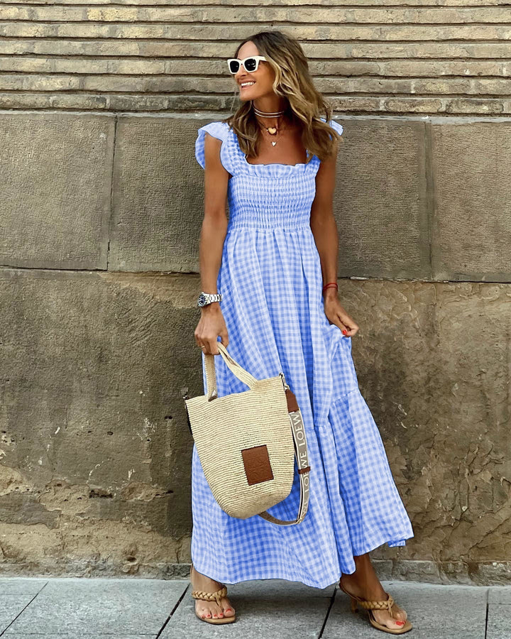 Rochie maxi damă | Croială în formă de A cu partea superioară cu smock | Design fără mâneci | Look casual de vară