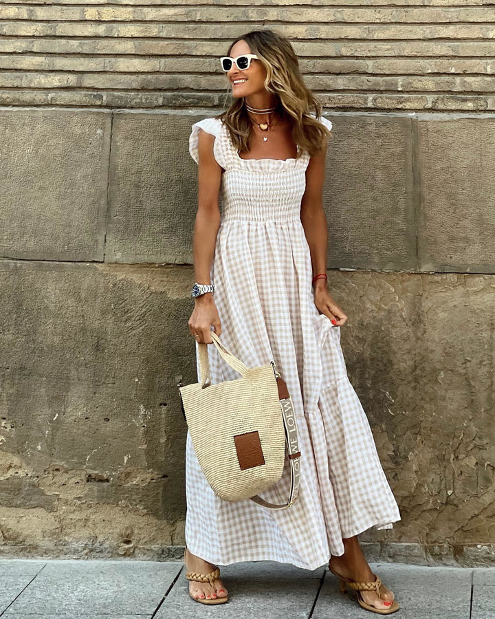 Rochie maxi damă | Croială în formă de A cu partea superioară cu smock | Design fără mâneci | Look casual de vară