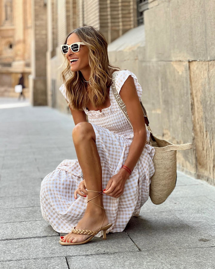 Rochie maxi damă | Croială în formă de A cu partea superioară cu smock | Design fără mâneci | Look casual de vară