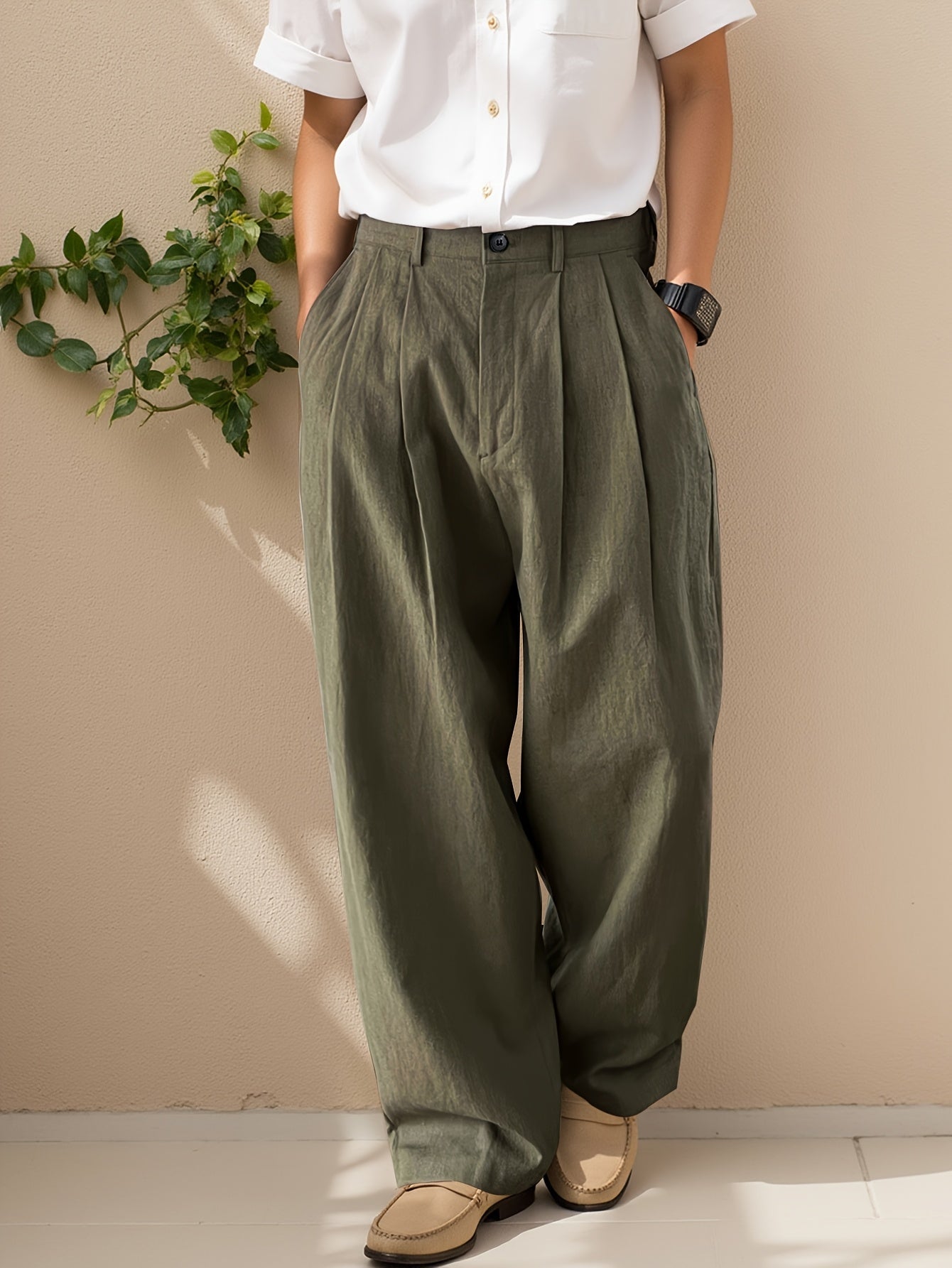 Herren Freizeithose | Hose mit Hoher Taille und Weitem Bein | Faltendetail | Moderner Relaxed-Look