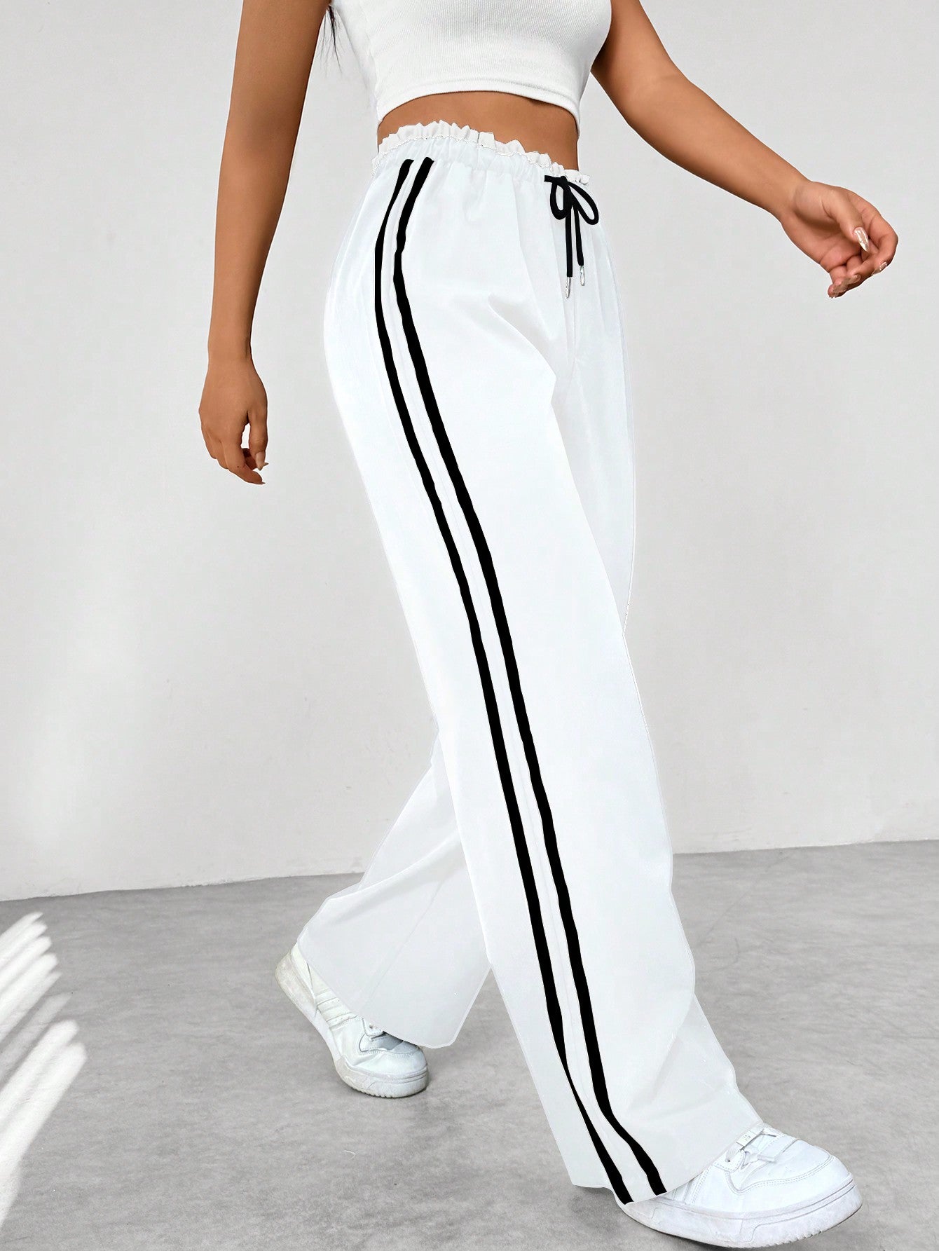 Women's High Waist Side Stripes Wide Leg Casual Pants | Loose Fit