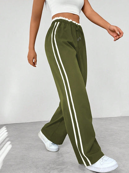 Women's High Waist Side Stripes Wide Leg Casual Pants | Loose Fit