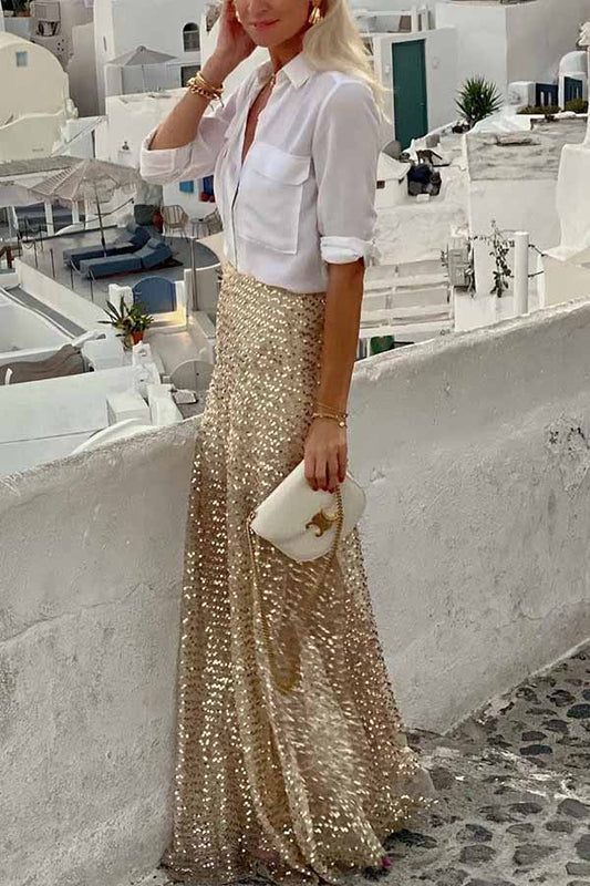 Jupe maxi taille haute pour femme | Design à paillettes