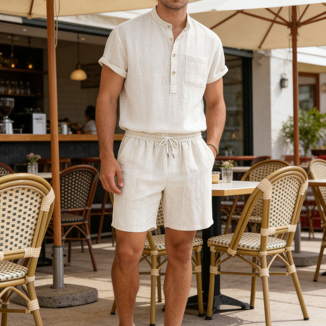 Pánský letní set | Volný střih dvoudílný komplet | Krátký rukáv Henley tričko a šortky | Ležérní volnočasový styl