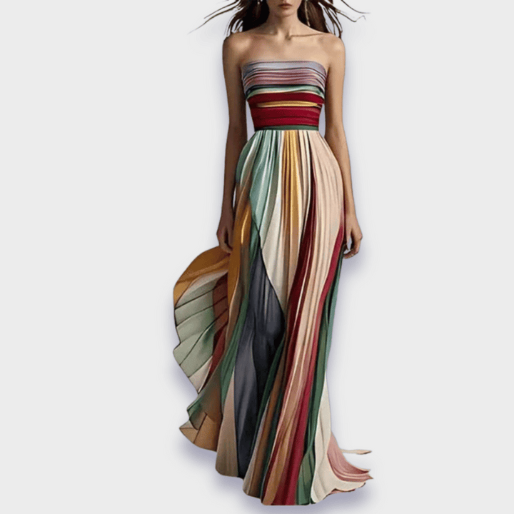 Rochie maxi damă | Croială în linie A cu decolteu bandeau | Design multicolor cu dungi | Look estival pentru ocazii