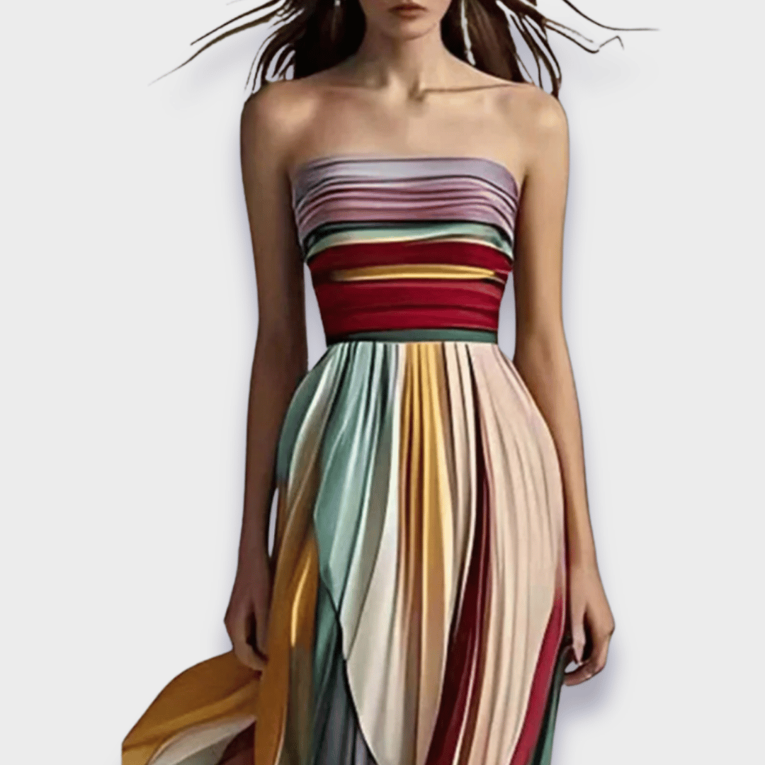 Rochie maxi damă | Croială în linie A cu decolteu bandeau | Design multicolor cu dungi | Look estival pentru ocazii
