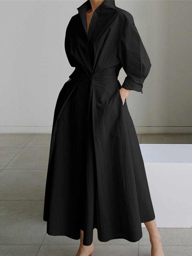 Damen Maxi-Hemdblusenkleid | Knopfleiste und Bindegürtel | Zeitlos Eleganter Stil
