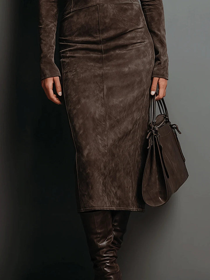 Lorena | Women's High Collar Suede Midi Dress
