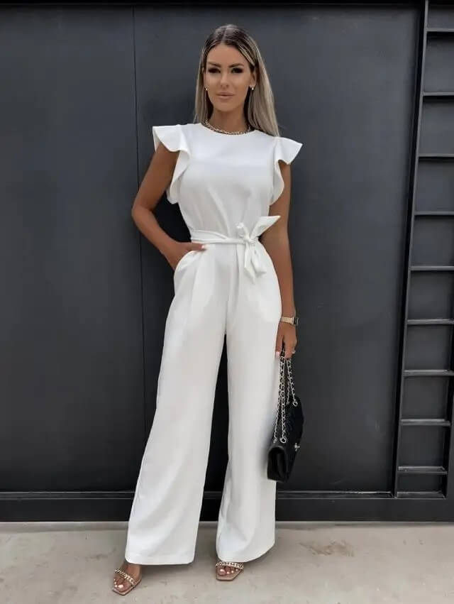 Women's Square Neckline Lace Detail Flared Leg Jumpsuit | Long Sleeve