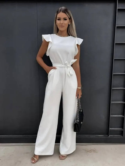 Women's Square Neckline Lace Detail Flared Leg Jumpsuit | Long Sleeve