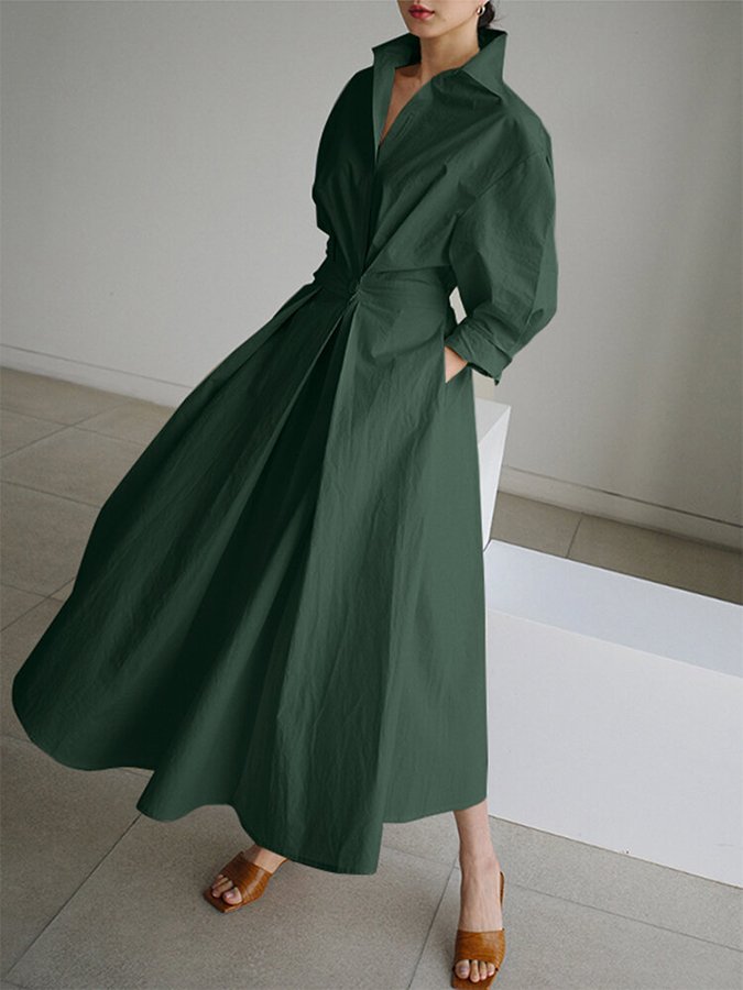 Damen Maxi-Hemdblusenkleid | Knopfleiste und Bindegürtel | Zeitlos Eleganter Stil