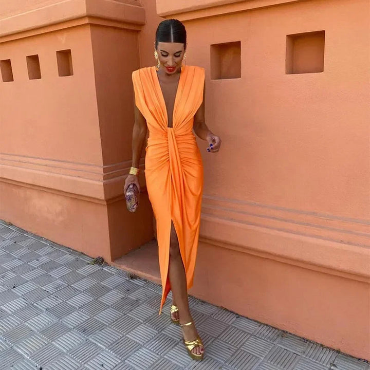 Rochie midi damă | Croială strâmtă cu decolteu în V | Detaliu drapat în talie | Look elegant pentru ocazii speciale