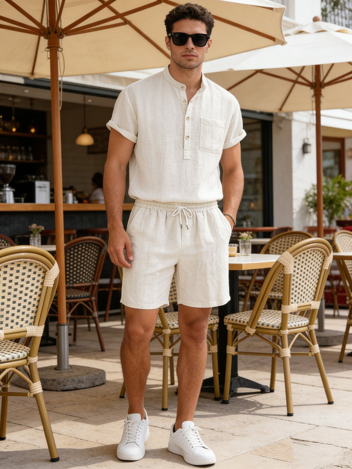 Pánský letní set | Volný střih dvoudílný komplet | Krátký rukáv Henley tričko a šortky | Ležérní volnočasový styl