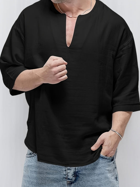 Tricou Henley pentru bărbați | Croială lejeră | Design cu decolteu în V | Stil casual pentru zi cu zi