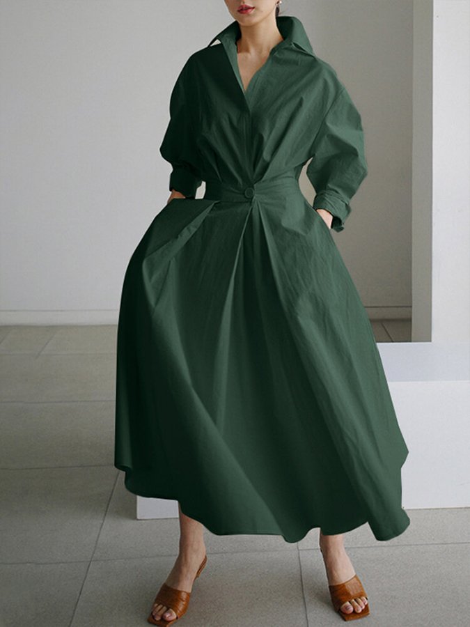 Damen Maxi-Hemdblusenkleid | Knopfleiste und Bindegürtel | Zeitlos Eleganter Stil