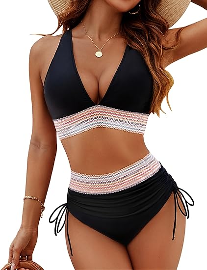 Damski zestaw bikini z wiązaniem na szyi, dekolt w kształcie litery V, wysoki stan, bikini | kontrast