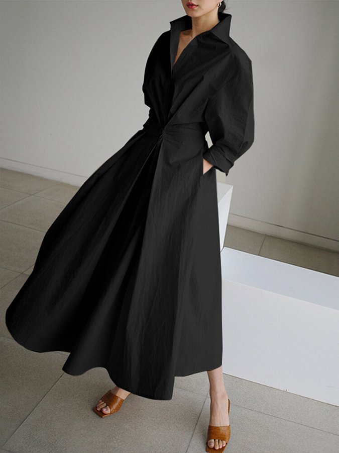 Damen Maxi-Hemdblusenkleid | Knopfleiste und Bindegürtel | Zeitlos Eleganter Stil