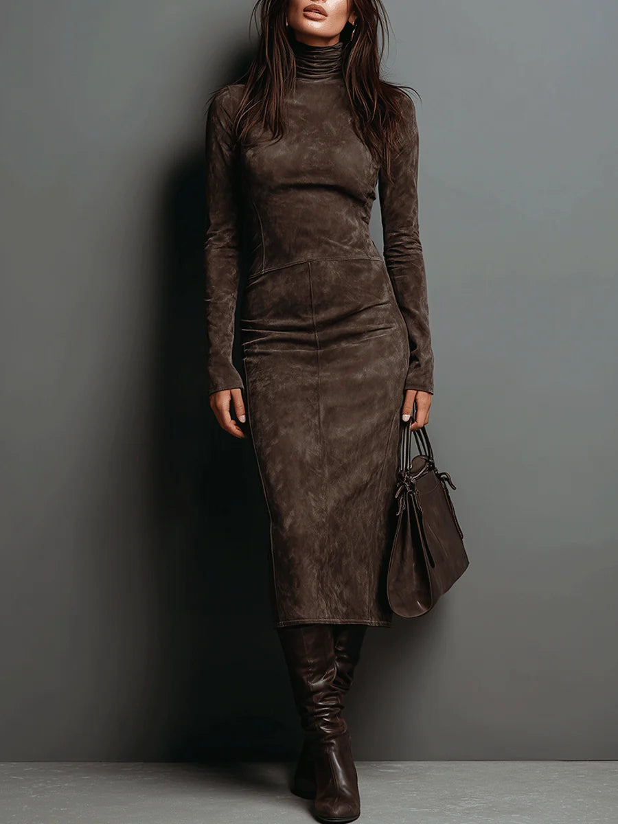Lorena | Women's High Collar Suede Midi Dress