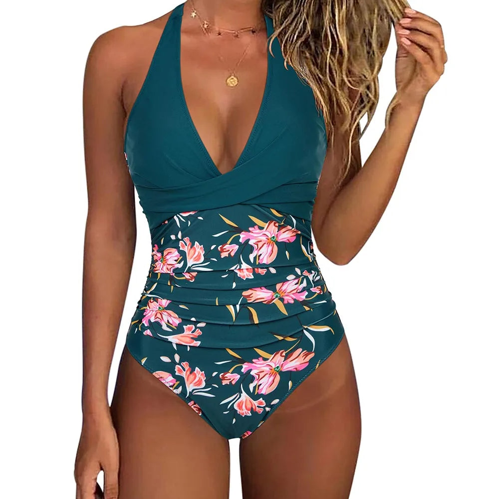 Costume da bagno donna con collo all'americana, scollo a V, effetto incrociato, vita alta, stampa tropicale