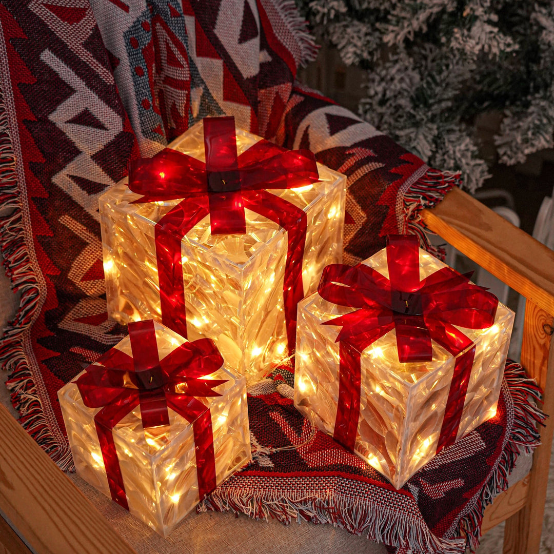 Beleuchtete Weihnachtsgeschenkboxen, 3er-Set – Warmweiße LED-Weihnachtsdekoration für den Innen- und Außenbereich