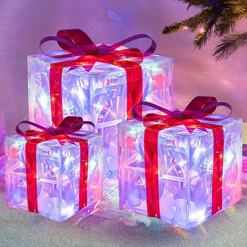Beleuchtete Weihnachtsgeschenkboxen, 3er-Set – Warmweiße LED-Weihnachtsdekoration für den Innen- und Außenbereich