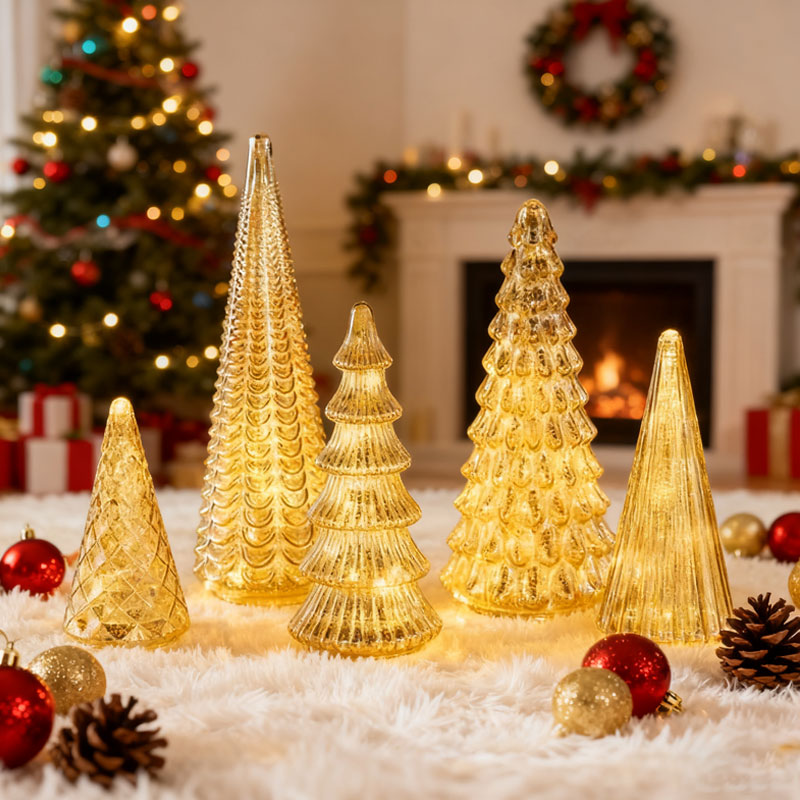 Beleuchtetes Weihnachtsbaum-Dekorationsset aus Glas – Tischdekoration mit warmem Licht für die Feiertage