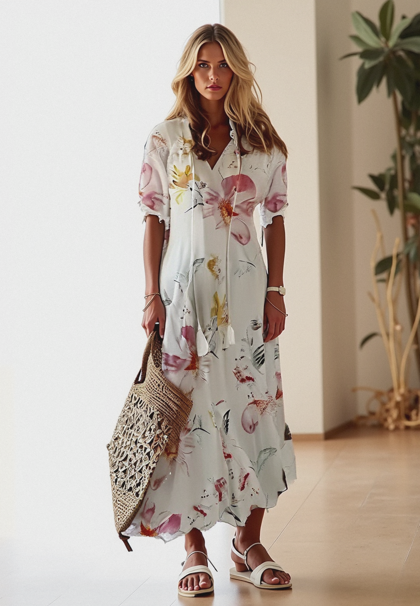 Bettina | Damen Kurzärmelig V-Ausschnitt Bohème Sommerkleid | Maxi 1