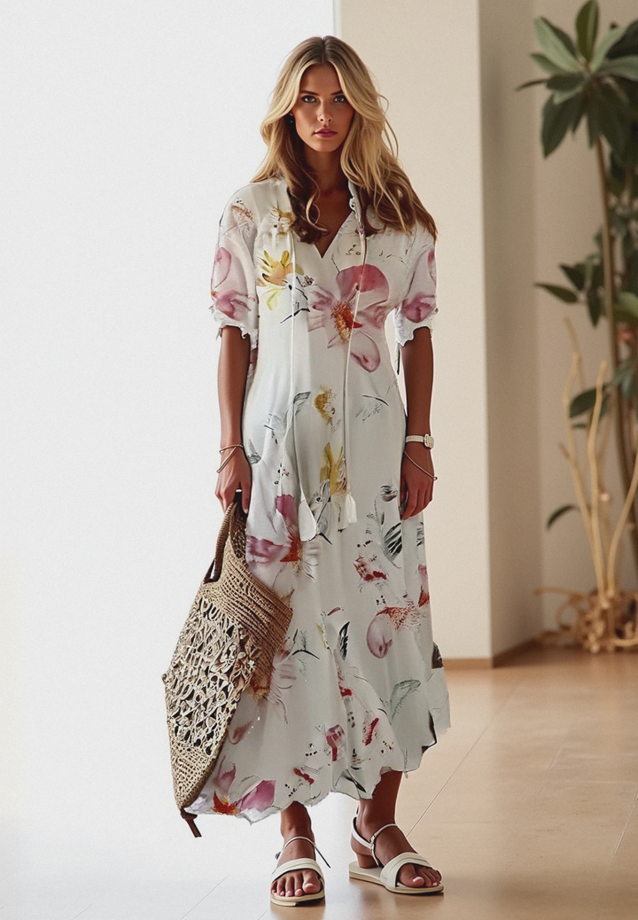 Bettina | Damen Kurzärmelig V-Ausschnitt Bohème Sommerkleid | Maxi 1