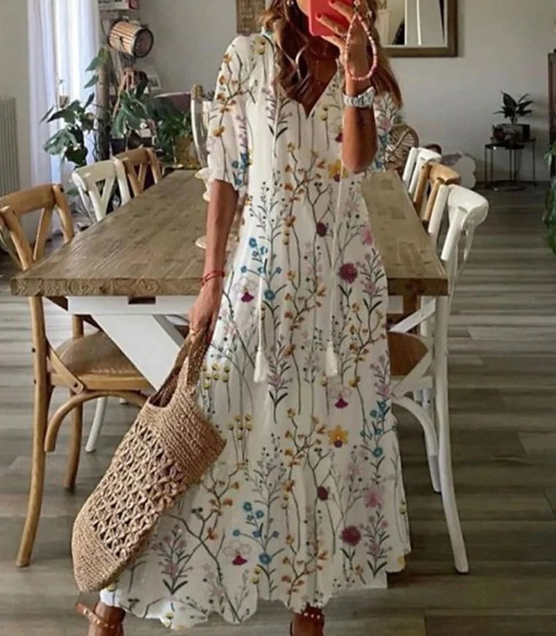 Bettina | Damen Kurzärmelig V-Ausschnitt Bohème Sommerkleid | Maxi 4