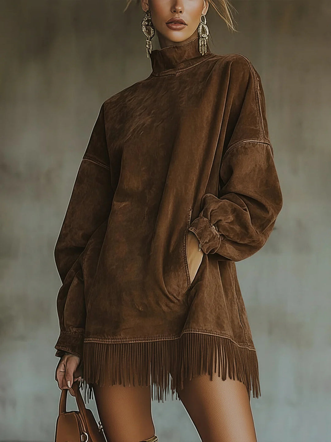 Gabriela | Women's Faux Suede High-Neck Fringe Dress