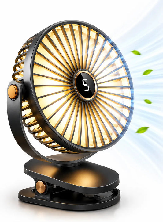 Ventilator cu clemă și acumulator, cu LED, 5 trepte și 8000 mAh