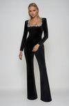 Women's Square Neckline Lace Trim Flared Leg Jumpsuit | Long Sleeve