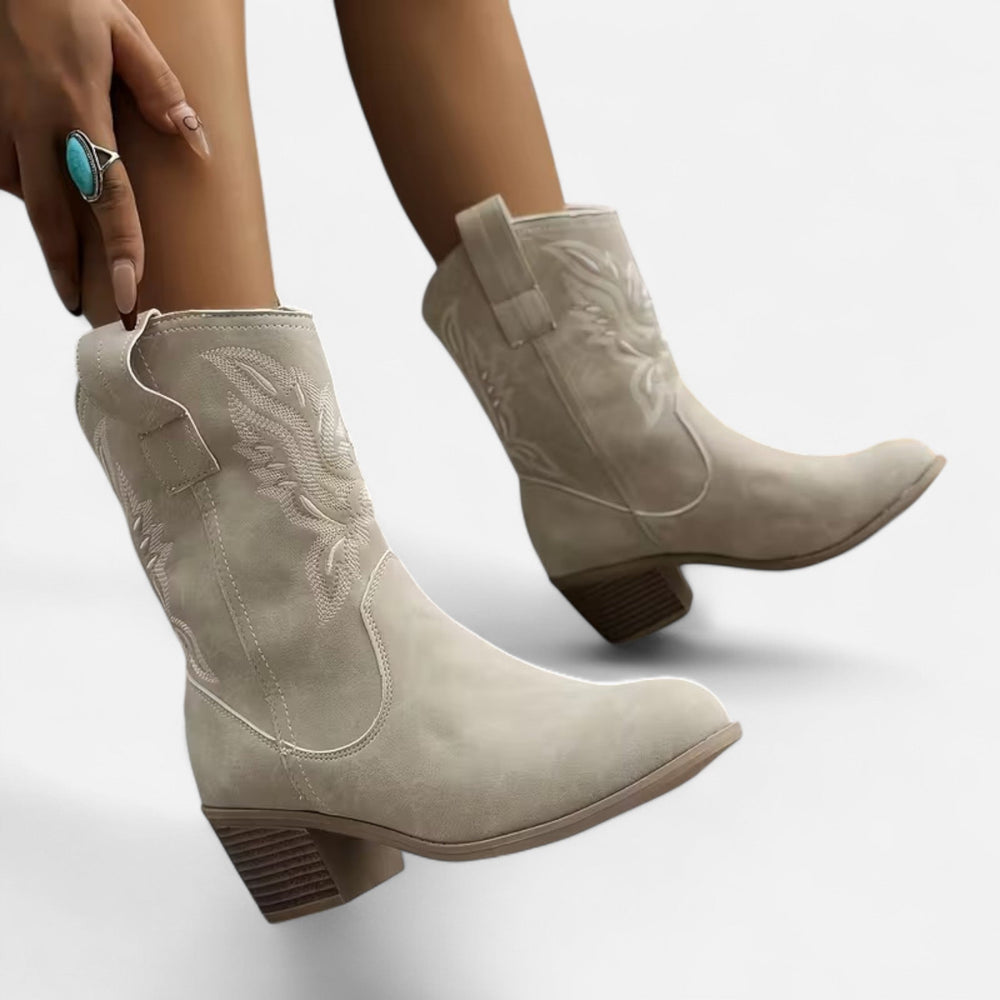 Damen-Cowboystiefel aus Wildleder im Westernstil mit Blockabsatz und Ziernähten 1
