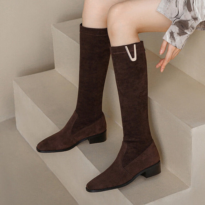 Damen-Kniehohe Stiefel aus Kunstleder – Weiche Passform mit niedrigem Blockabsatz 1