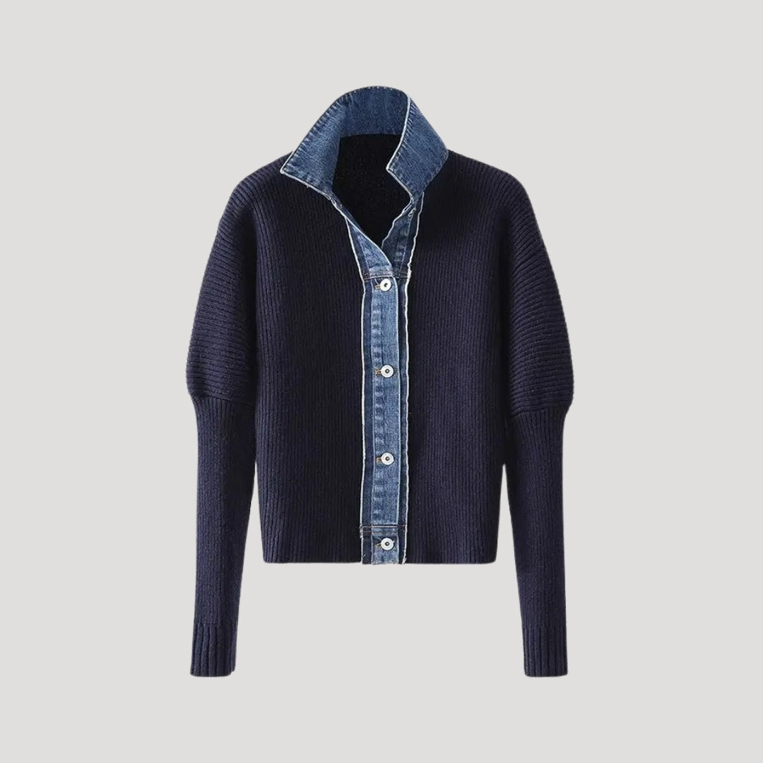 Damen-Strickcardigan in Marineblau mit Denim-Besatz 0