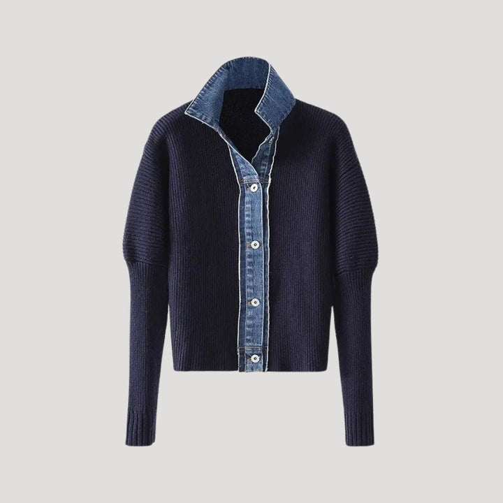 Damen-Strickcardigan in Marineblau mit Denim-Besatz 0