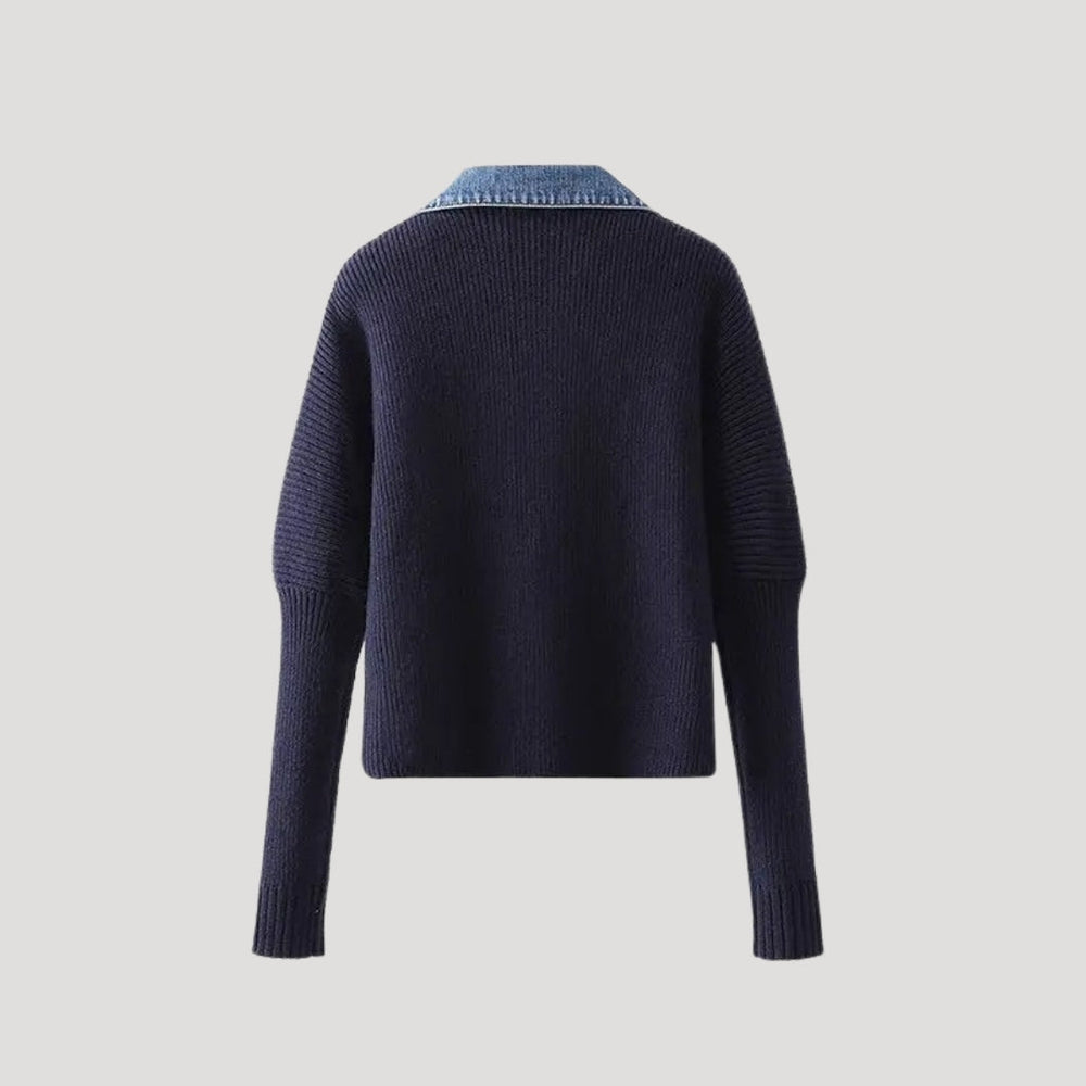 Damen-Strickcardigan in Marineblau mit Denim-Besatz 1
