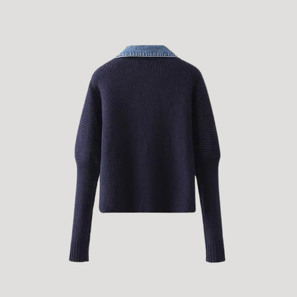 Damen-Strickcardigan in Marineblau mit Denim-Besatz 1