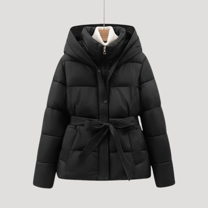 Damen-Winter-Steppjacke mit Kapuze und Gürtel 1