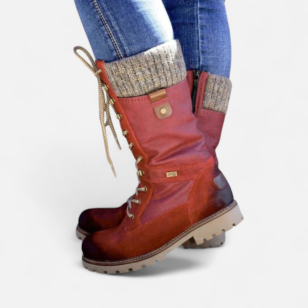 Damen-Winterstiefel mit Schnürung – Warme, gepolsterte Stiefel bis zur Mitte der Wade mit Strickbündchen und strapazierfähiger Sohle 1