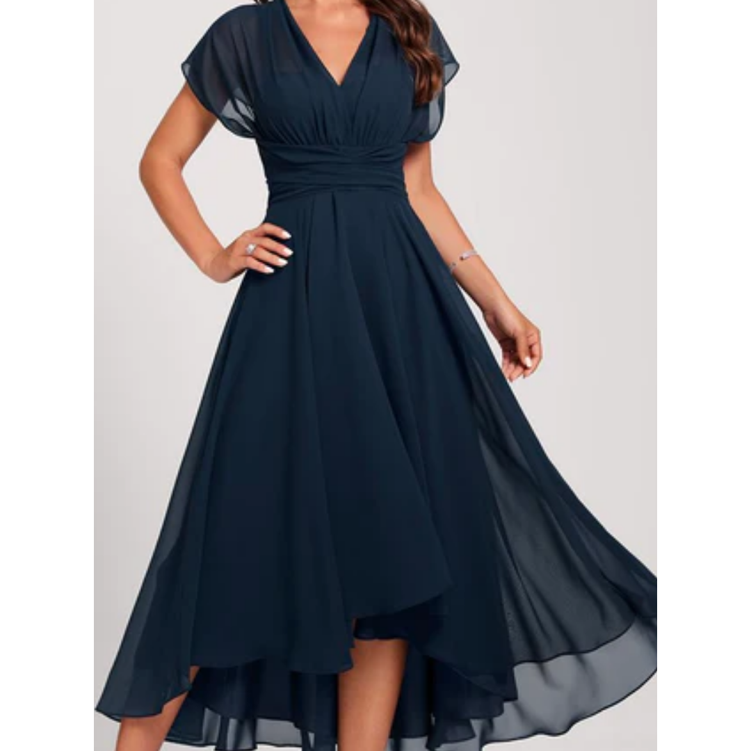 Damen V Ausschnitt Kurze Ärmel Kleid | Midi 0