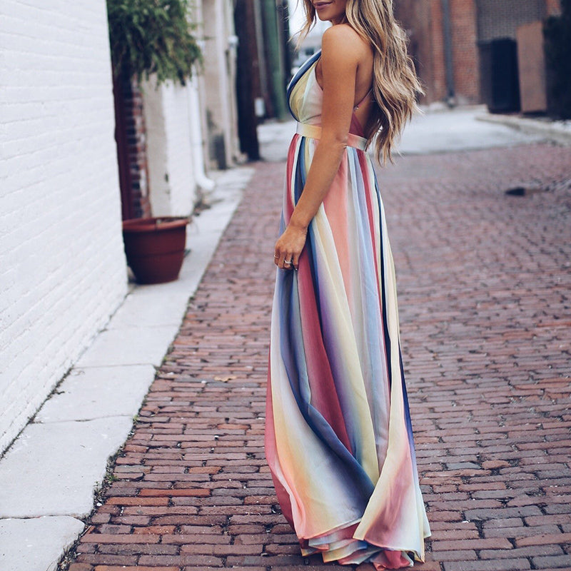Damen V Ausschnitt Mehrfarbig Gestreift Kleid | Maxi 0