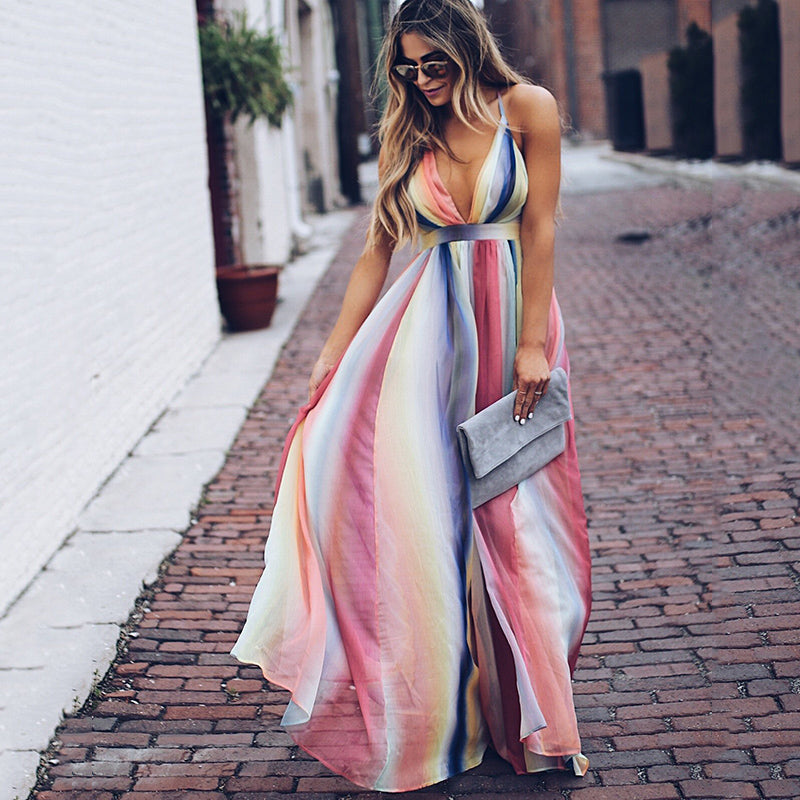 Damen V Ausschnitt Mehrfarbig Gestreift Kleid | Maxi 4
